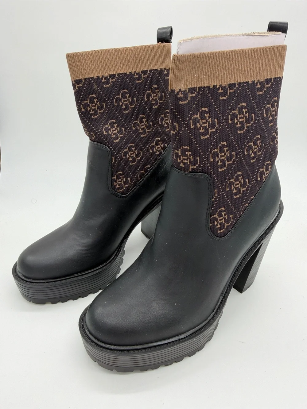 Guess Black Leather Chelsea Booties with Brown Monogram Knit Cuff